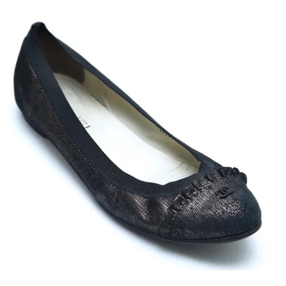 CHANEL Ballet Flats Ruffles Metallic Black Copper CC Logo Stretch Spirit Sz 39.5 - Picture 1 of 10